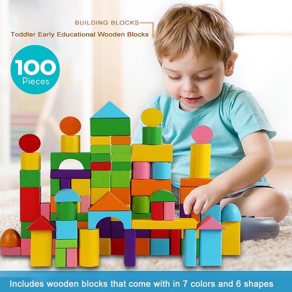 100pcs Multi-Colore Wooden Building Blocks Set - The Toy Base