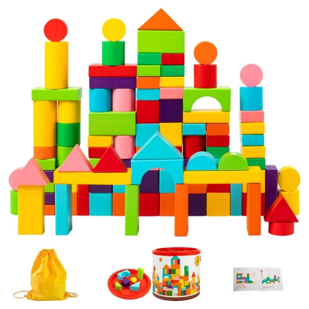 100pcs Multi-Colore Wooden Building Blocks Set - The Toy Base