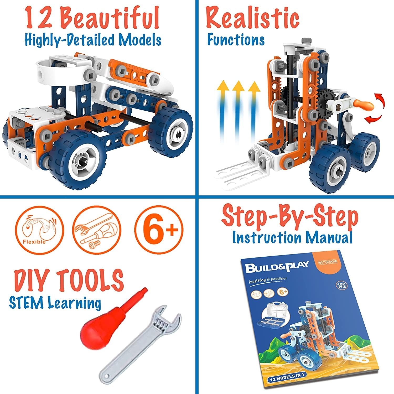 12-In-1 Stem Kit Toy for Kids - 152 Piece Construction Building Set and Education Learning Engineering Play Kit Idea for Boys and Girls, Building Toys for Kids Ages 4-8 5 6 7 8 9 10 11 12 Years Old - The Toy Base