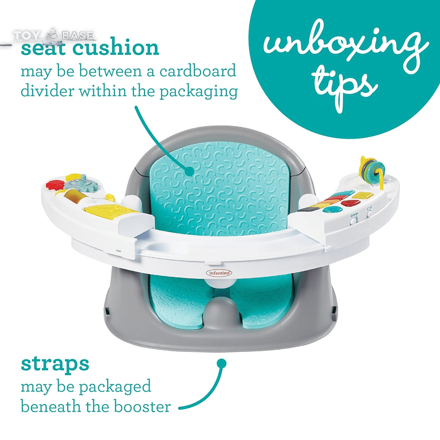 3-In-1 Discovery Seat and Booster - Convertible, Infant Activity and Feeding Seat with Electronic Piano for Sensory Exploration, for Babies and Toddlers, Teal - The Toy Base