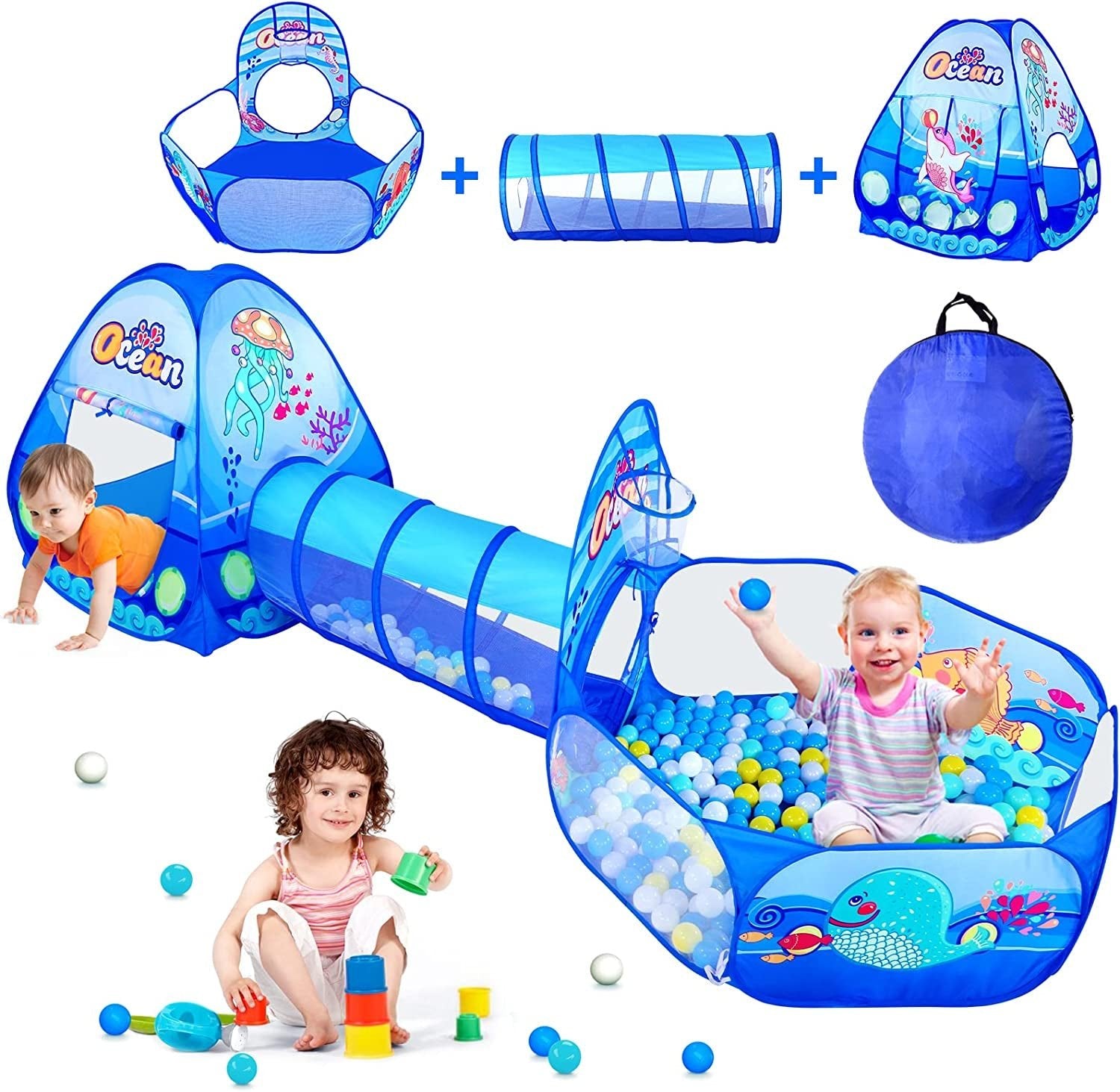 3 in 1 Kids Play Tent with Tunnel, Ball Pit, Basketball Hoop for Boys & Girls, Toddler Pop up Playhouse Toy Baby Indoor/Outdoor, Gift Year Old Child (3 Tent) - The Toy Base