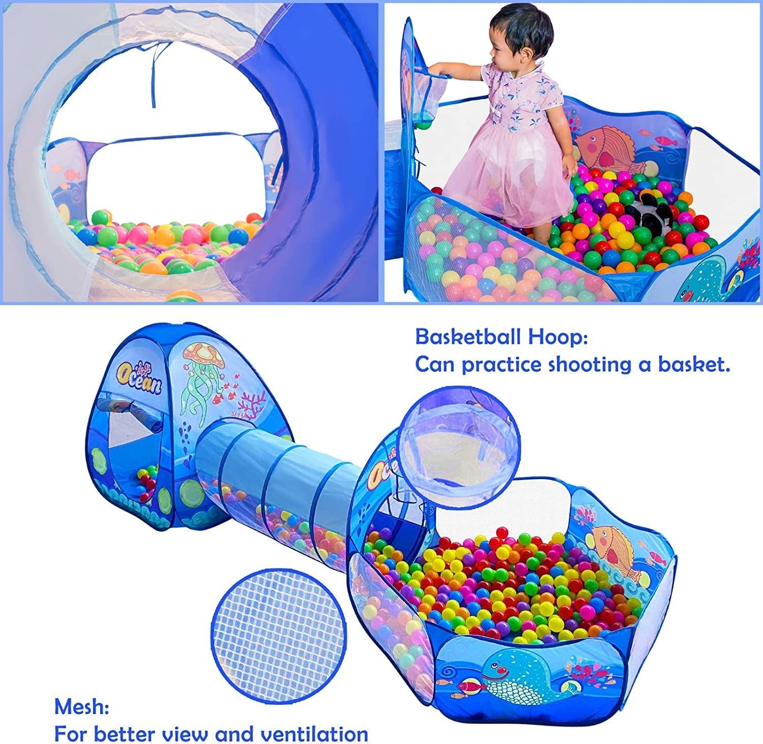 3 in 1 Kids Play Tent with Tunnel, Ball Pit, Basketball Hoop for Boys & Girls, Toddler Pop up Playhouse Toy Baby Indoor/Outdoor, Gift Year Old Child (3 Tent) - The Toy Base