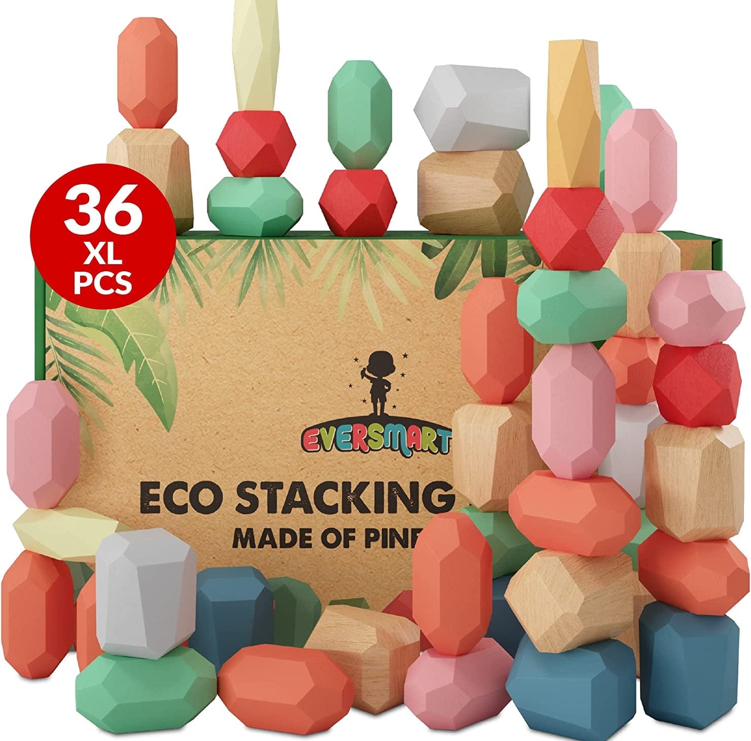 36 Pcs Wooden Stacking Blocks – Montessori Sensory STEM Building Stones - The Toy Base