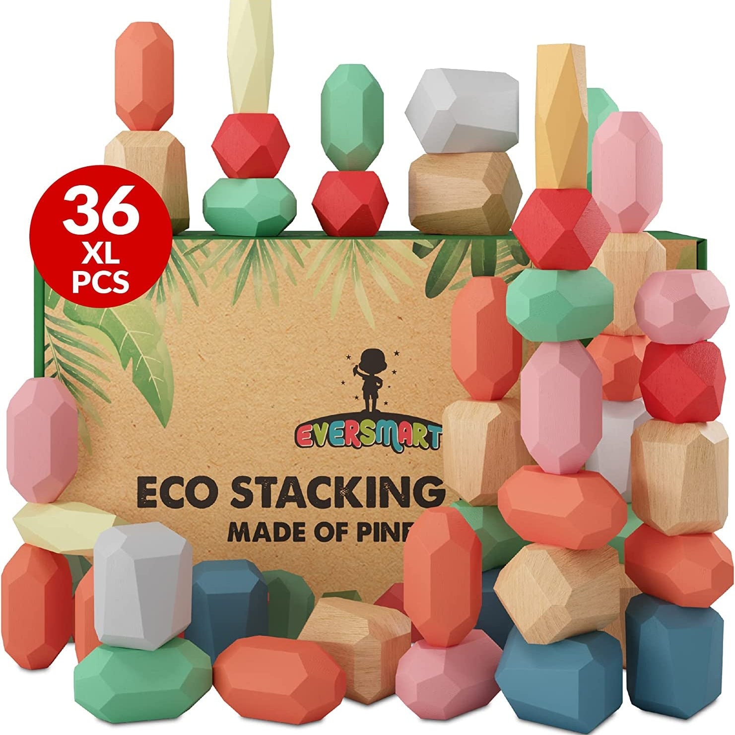 36 Pcs Wooden Stacking Blocks – Montessori Sensory STEM Building Stones - The Toy Base