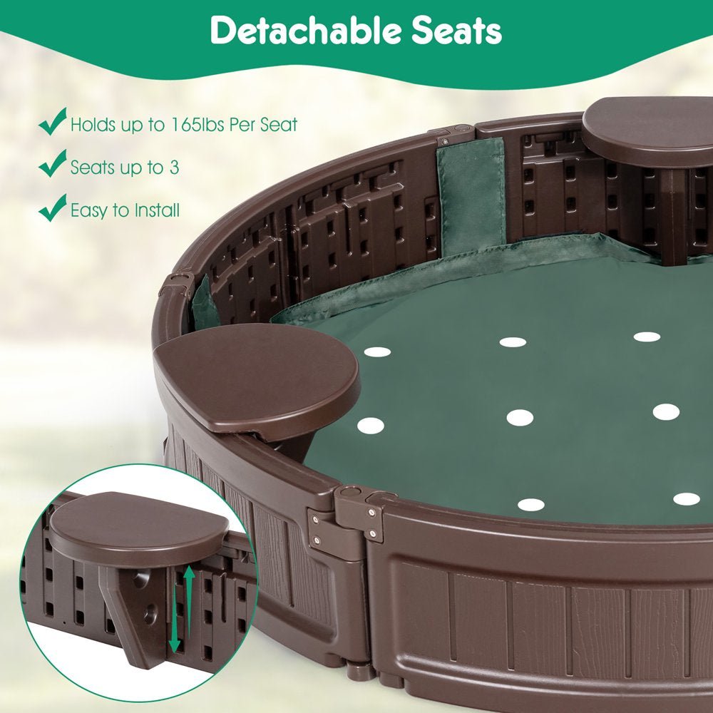 4F Wooden Sandbox W/Built-In Corner Seat, Cover, Bottom Liner for Outdoor Play - The Toy Base