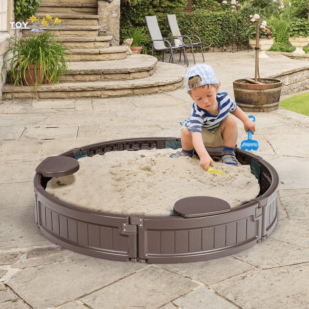 4F Wooden Sandbox W/Built-In Corner Seat, Cover, Bottom Liner for Outdoor Play - The Toy Base