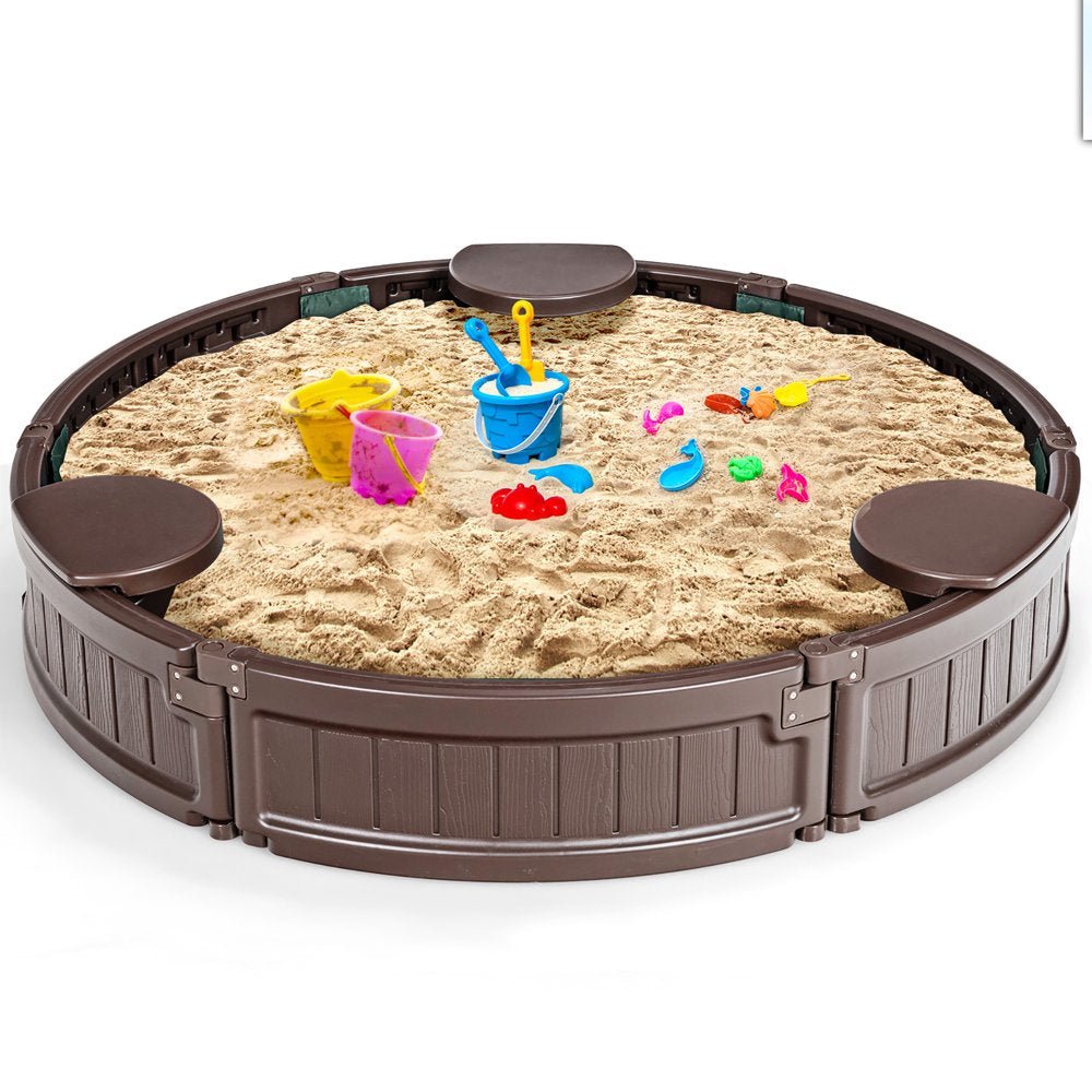 4F Wooden Sandbox W/Built-In Corner Seat, Cover, Bottom Liner for Outdoor Play - The Toy Base