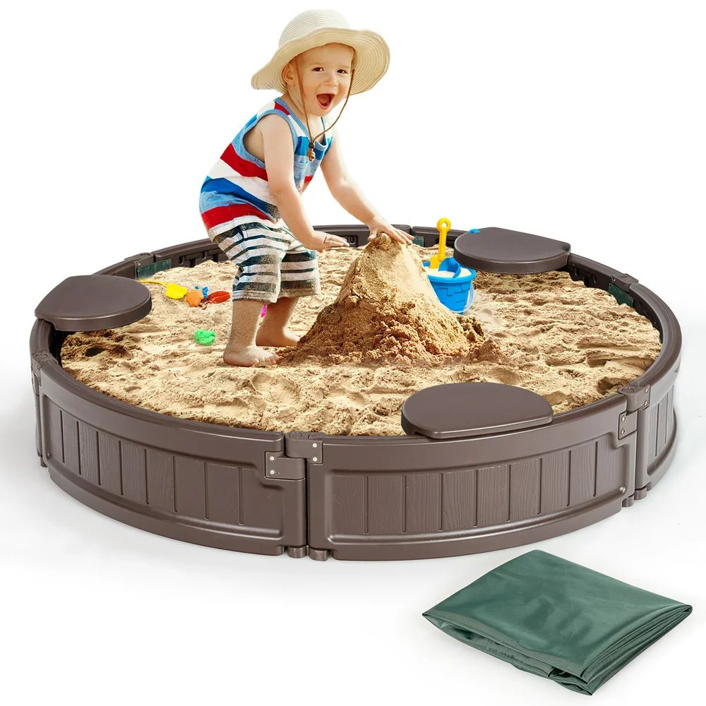 4F Wooden Sandbox W/Built-In Corner Seat, Cover, Bottom Liner for Outdoor Play - The Toy Base