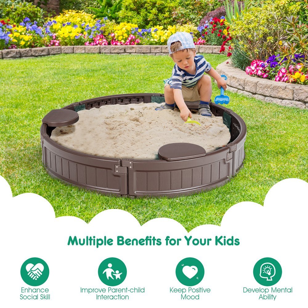 4F Wooden Sandbox W/Built-In Corner Seat, Cover, Bottom Liner for Outdoor Play - The Toy Base