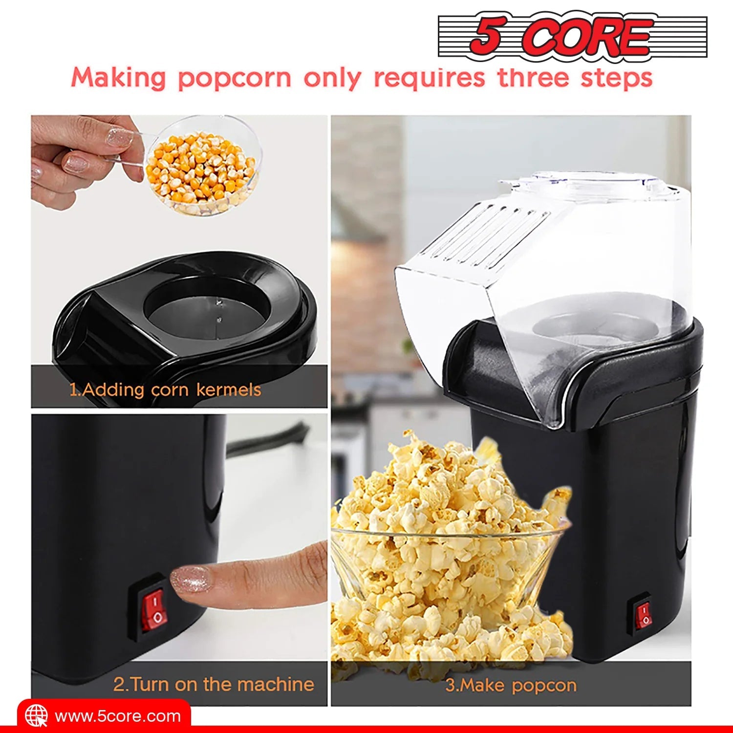 5-Core Hot Air Popcorn Machine, 16 Cup, Electric Oil-Free Pop Corn Kernel Popper Bpa-Free Food Safe Black - The Toy Base