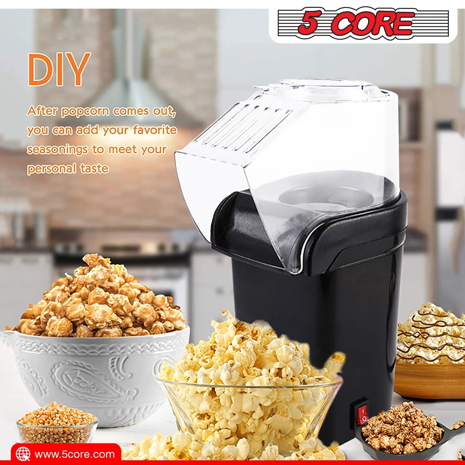 5-Core Hot Air Popcorn Machine, 16 Cup, Electric Oil-Free Pop Corn Kernel Popper Bpa-Free Food Safe Black - The Toy Base