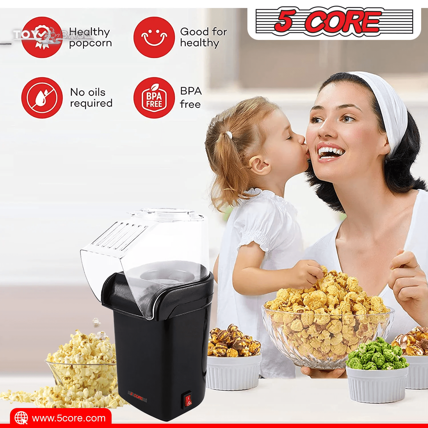 5-Core Hot Air Popcorn Machine, 16 Cup, Electric Oil-Free Pop Corn Kernel Popper Bpa-Free Food Safe Black - The Toy Base