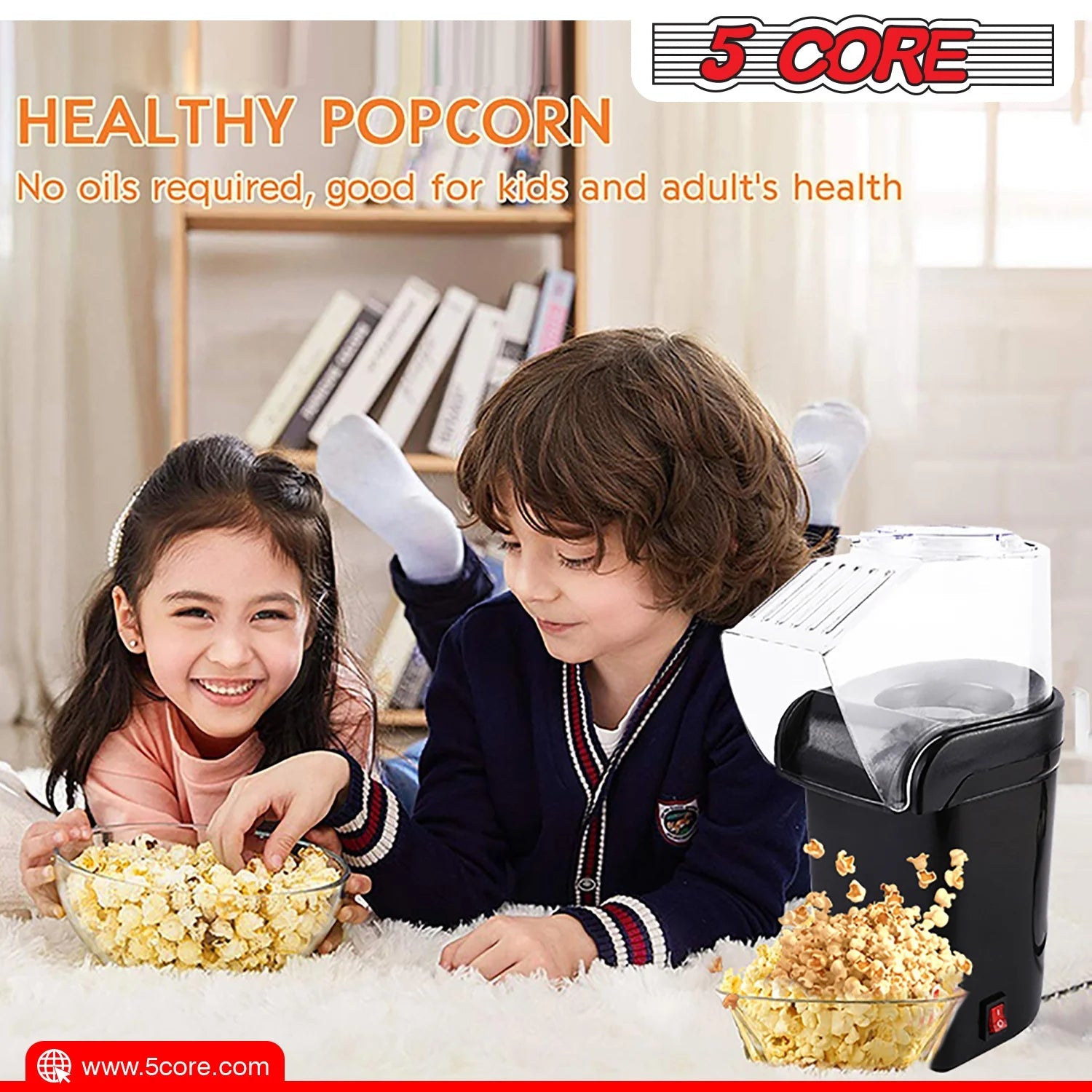 5-Core Hot Air Popcorn Machine, 16 Cup, Electric Oil-Free Pop Corn Kernel Popper Bpa-Free Food Safe Black - The Toy Base