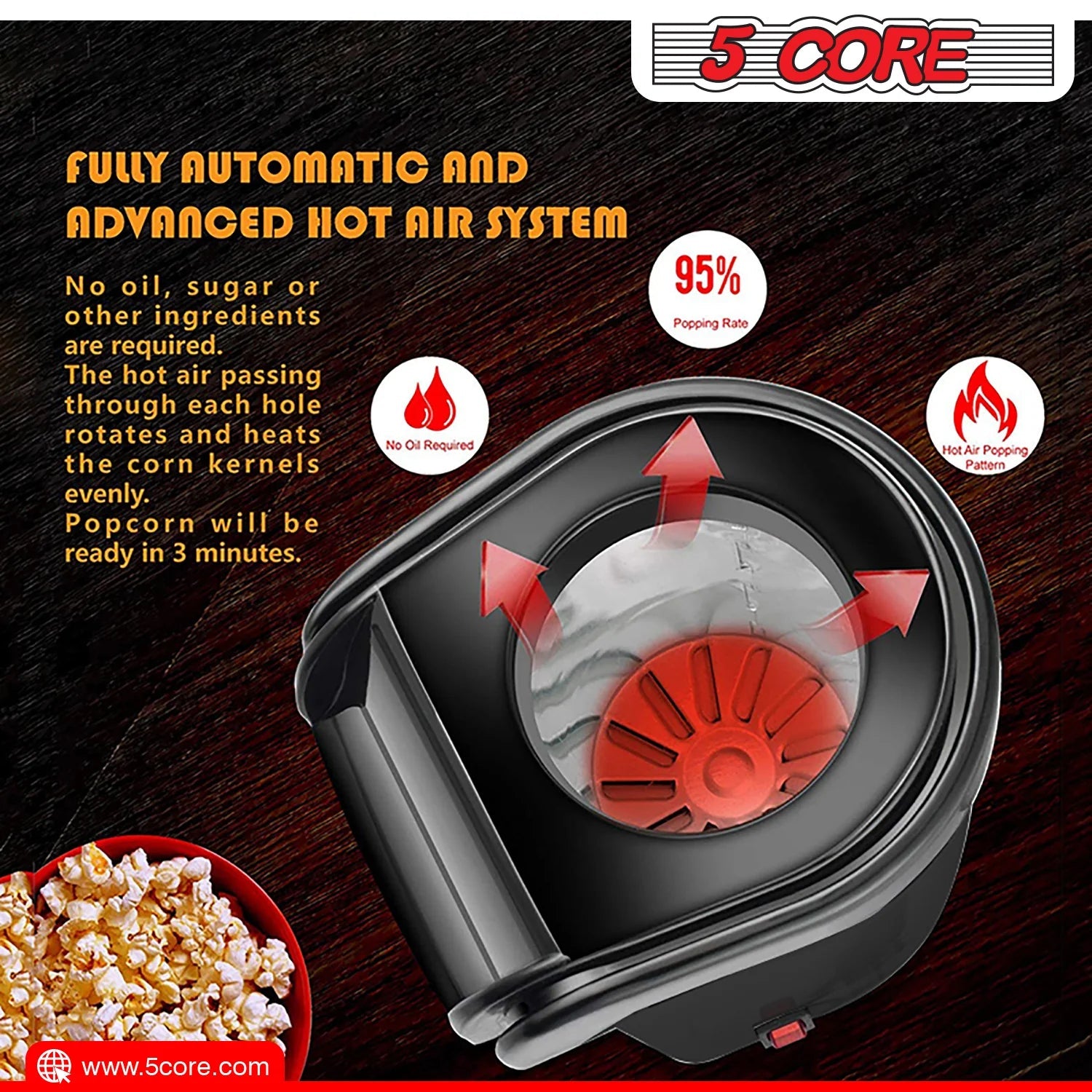 5-Core Hot Air Popcorn Machine, 16 Cup, Electric Oil-Free Pop Corn Kernel Popper Bpa-Free Food Safe Black - The Toy Base