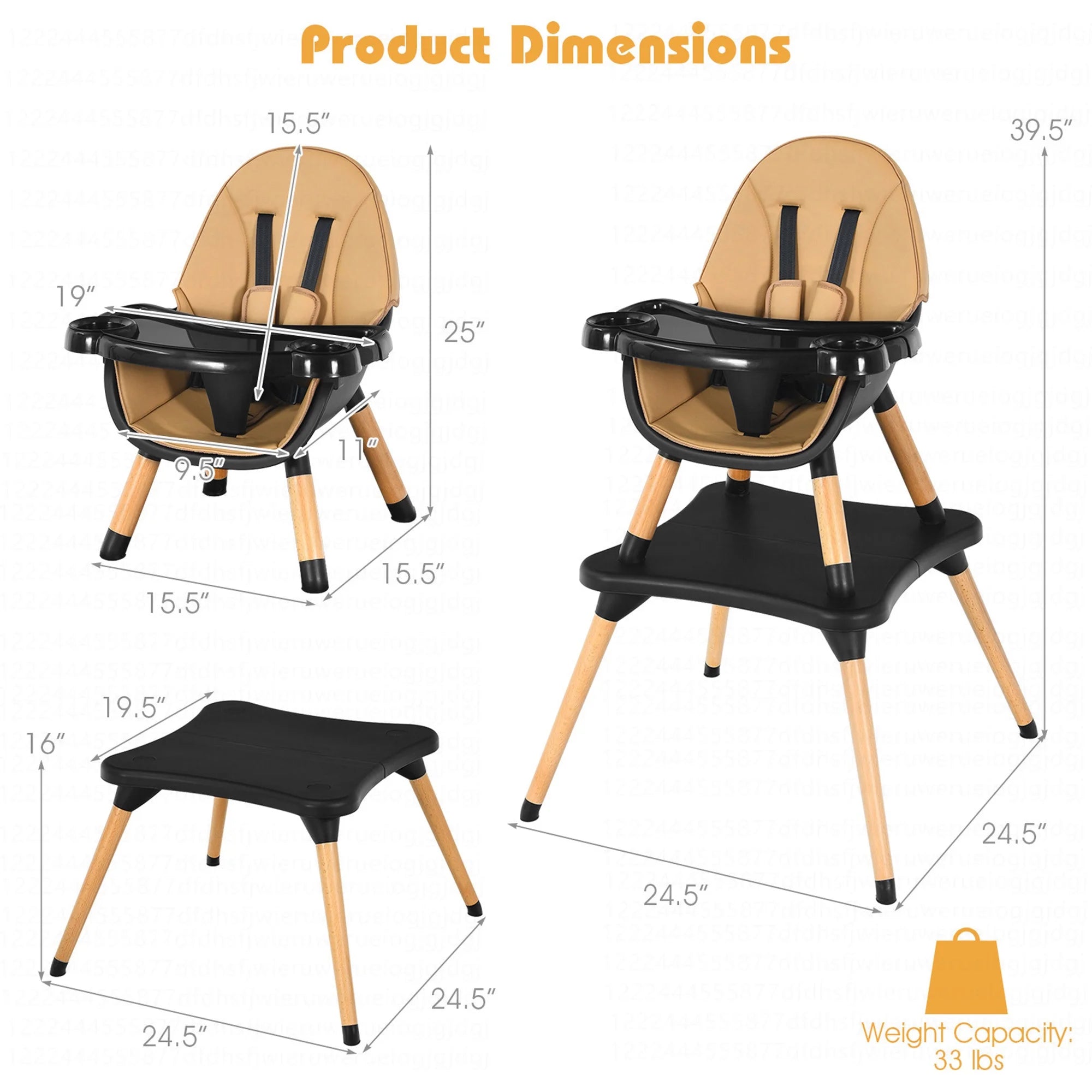 5 - In - 1 Baby High Chair Infant Wooden Convertible Chair 5 - Point Seat Belt Coffee - I Love 💕