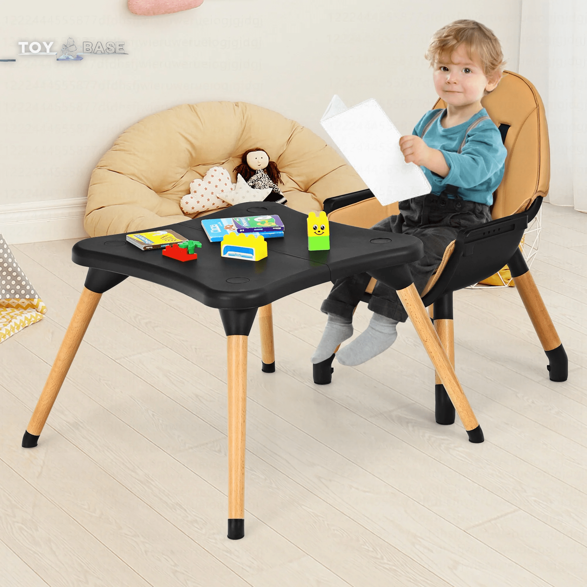 5 - In - 1 Baby High Chair Infant Wooden Convertible Chair 5 - Point Seat Belt Coffee - I Love 💕