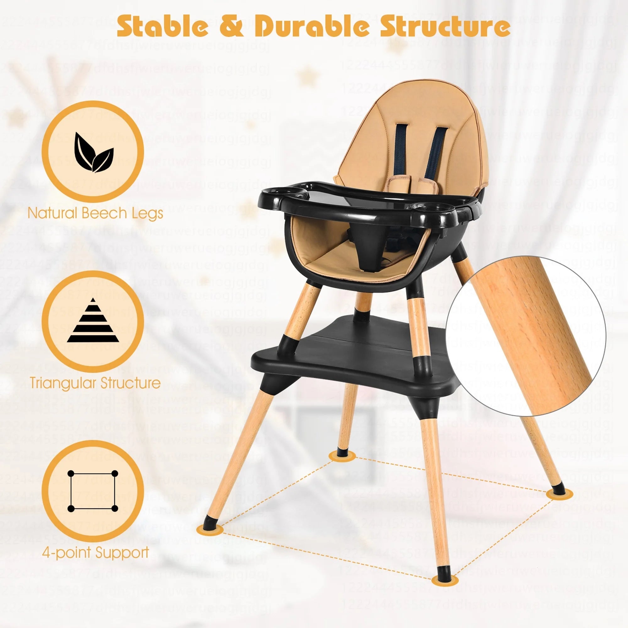 5 - In - 1 Baby High Chair Infant Wooden Convertible Chair 5 - Point Seat Belt Coffee - I Love 💕