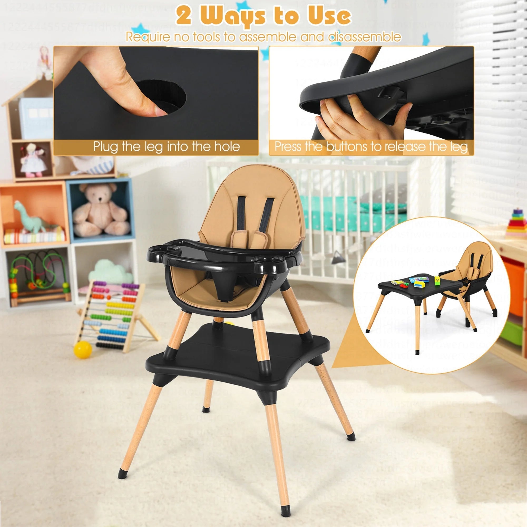 5 - In - 1 Baby High Chair Infant Wooden Convertible Chair 5 - Point Seat Belt Coffee - I Love 💕