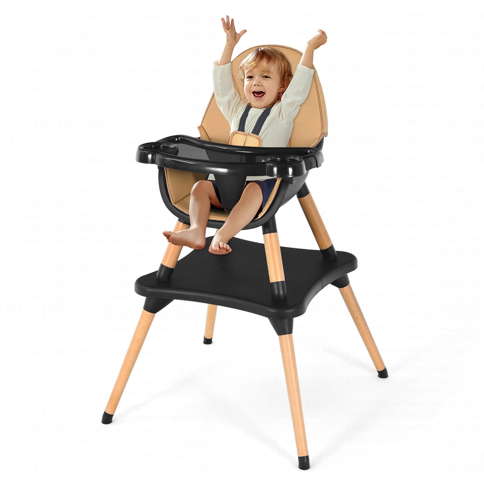 5 - In - 1 Baby High Chair Infant Wooden Convertible Chair 5 - Point Seat Belt Coffee - I Love 💕