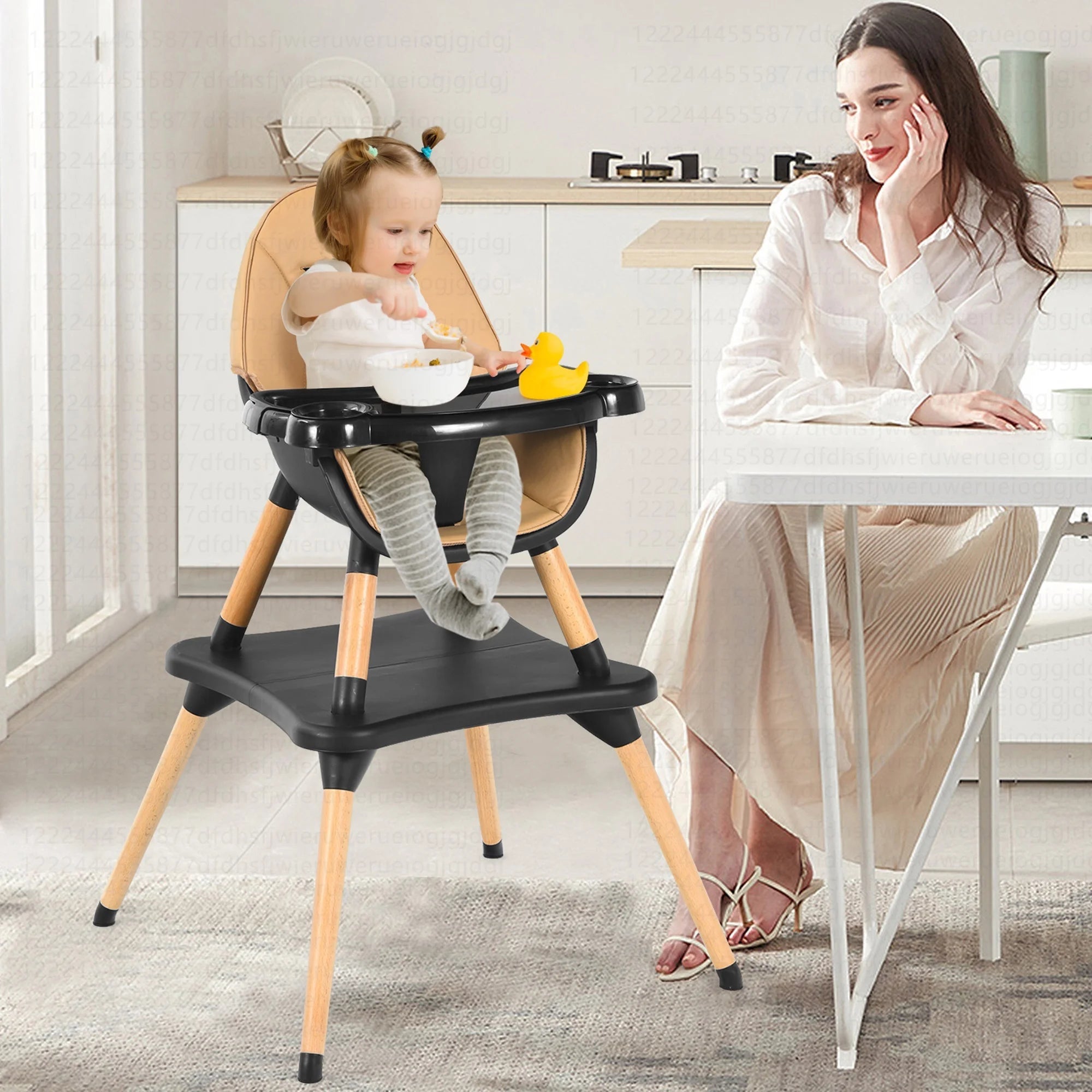 5 - In - 1 Baby High Chair Infant Wooden Convertible Chair 5 - Point Seat Belt Coffee - I Love 💕