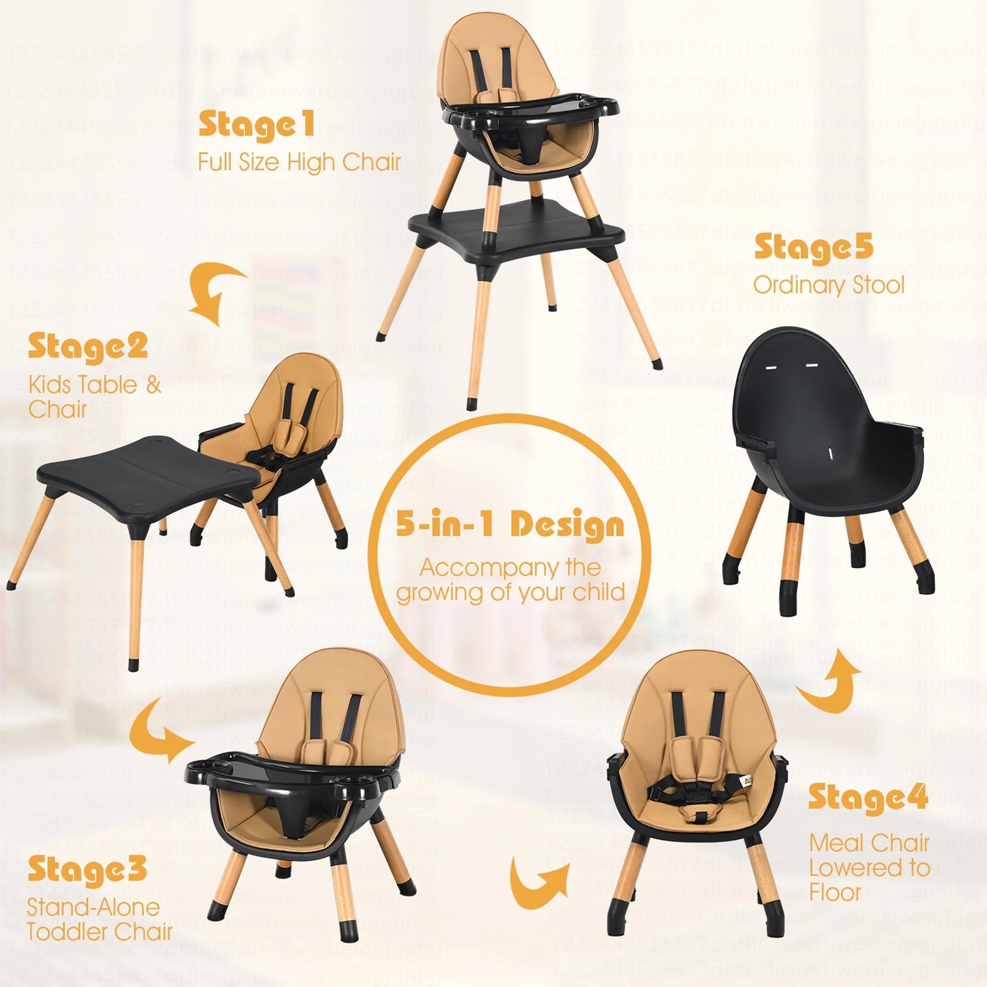 5 - In - 1 Baby High Chair Infant Wooden Convertible Chair 5 - Point Seat Belt Coffee - I Love 💕