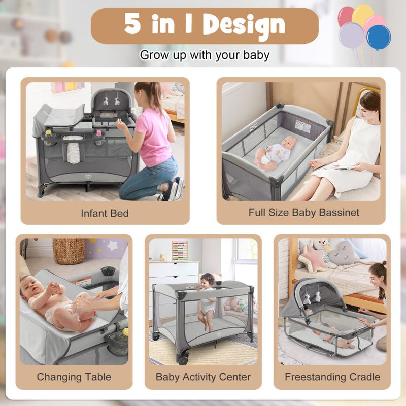 5-In-1 Portable Baby Playard with Cradle and Storage Basket - The Toy Base