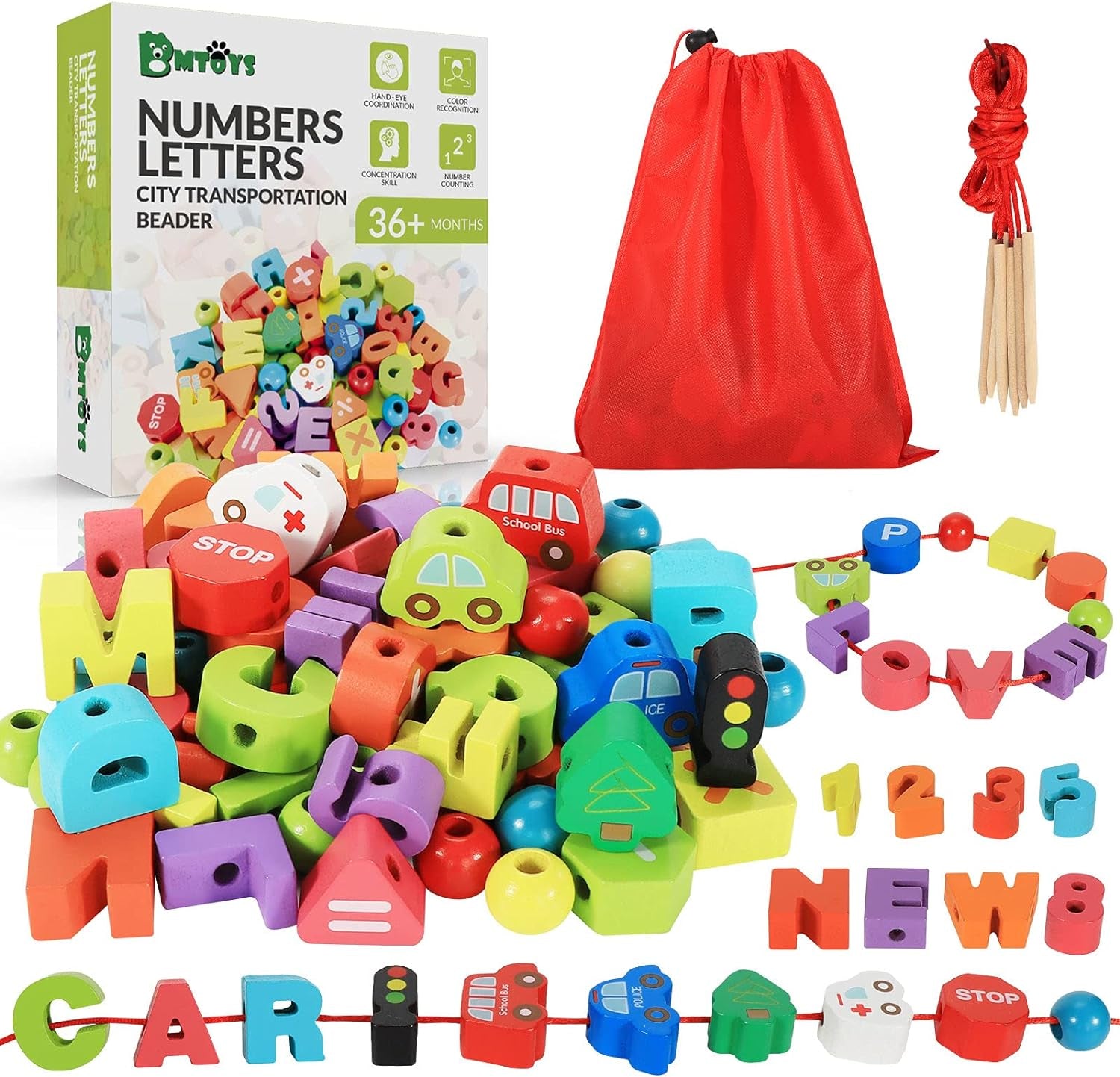 Alphabet Number Threading Beads - Wooden Lacing Toy for Boys Girls Age - Montessori Educational Learning - I Love 💕