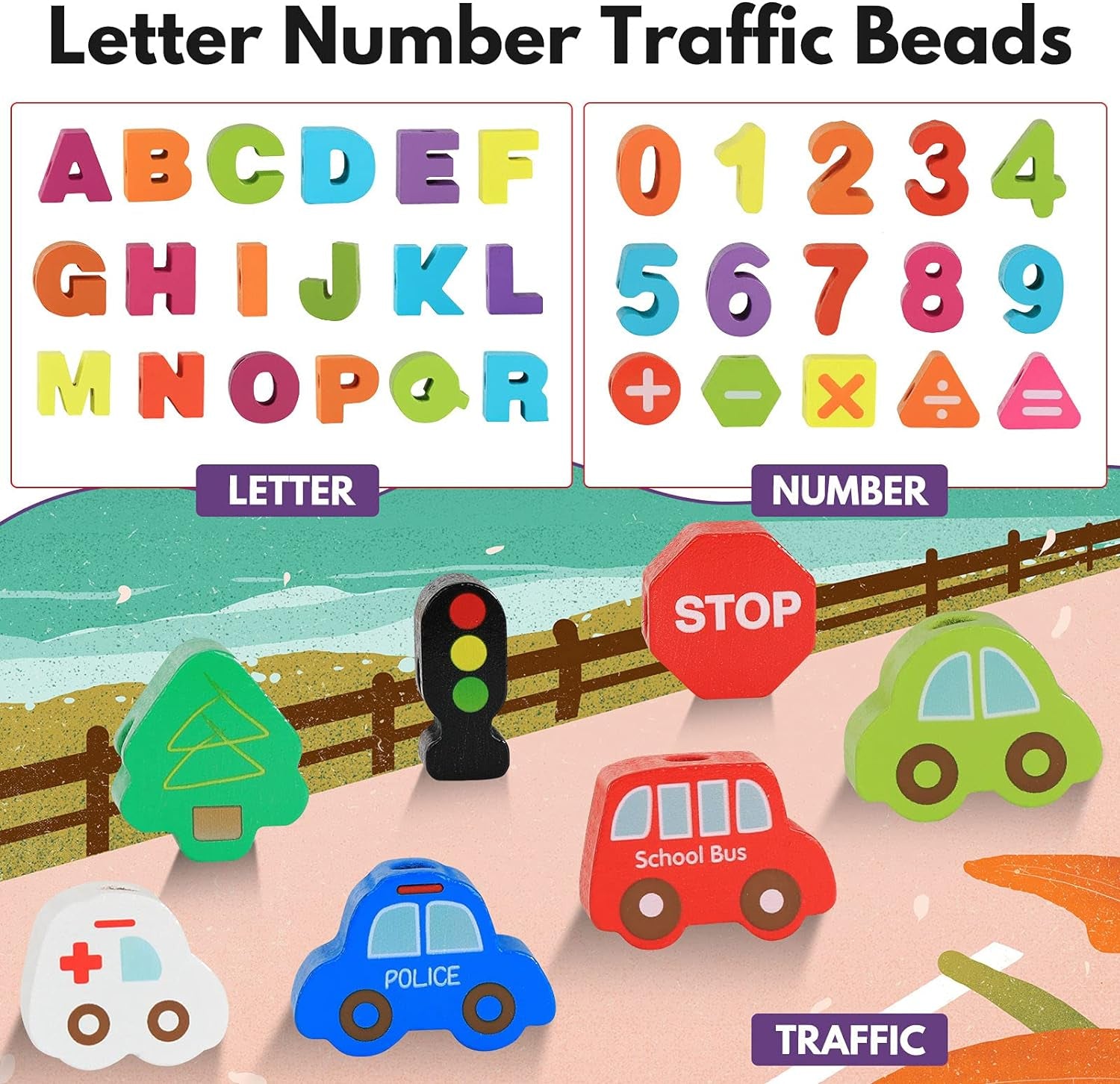 Alphabet Number Threading Beads - Wooden Lacing Toy for Boys Girls Age - Montessori Educational Learning - I Love 💕