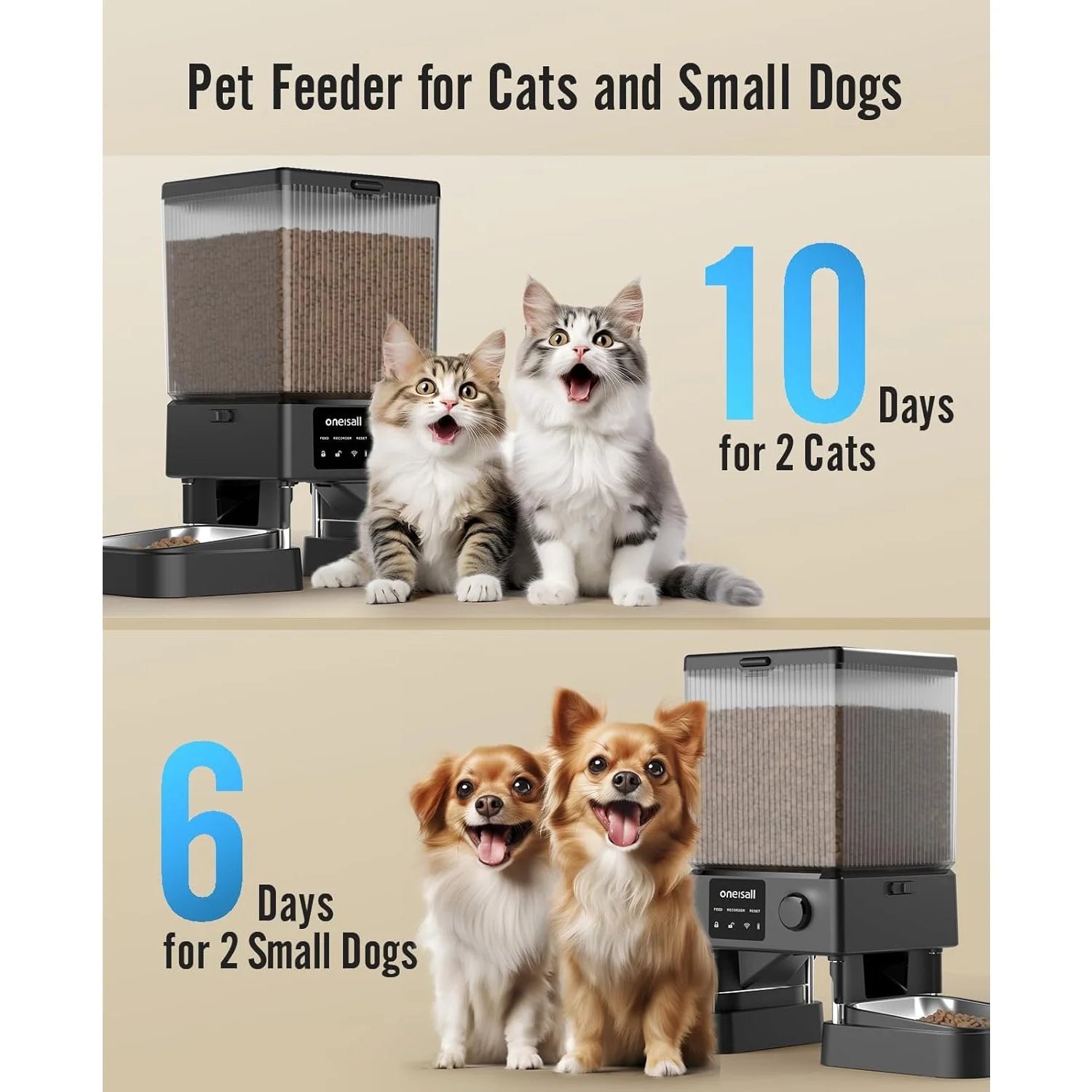 Automatic Cat Dog Feeder with 5G Wifi & APP Control - 5L/20 Cups - PFD - 002 PRO Double Bowl Cat Food Dispenser with 1 Desiccant Bag, Timed Automatic Pet Feeder for 2 Cats/2 Small Dogs - Black - I Love 💕