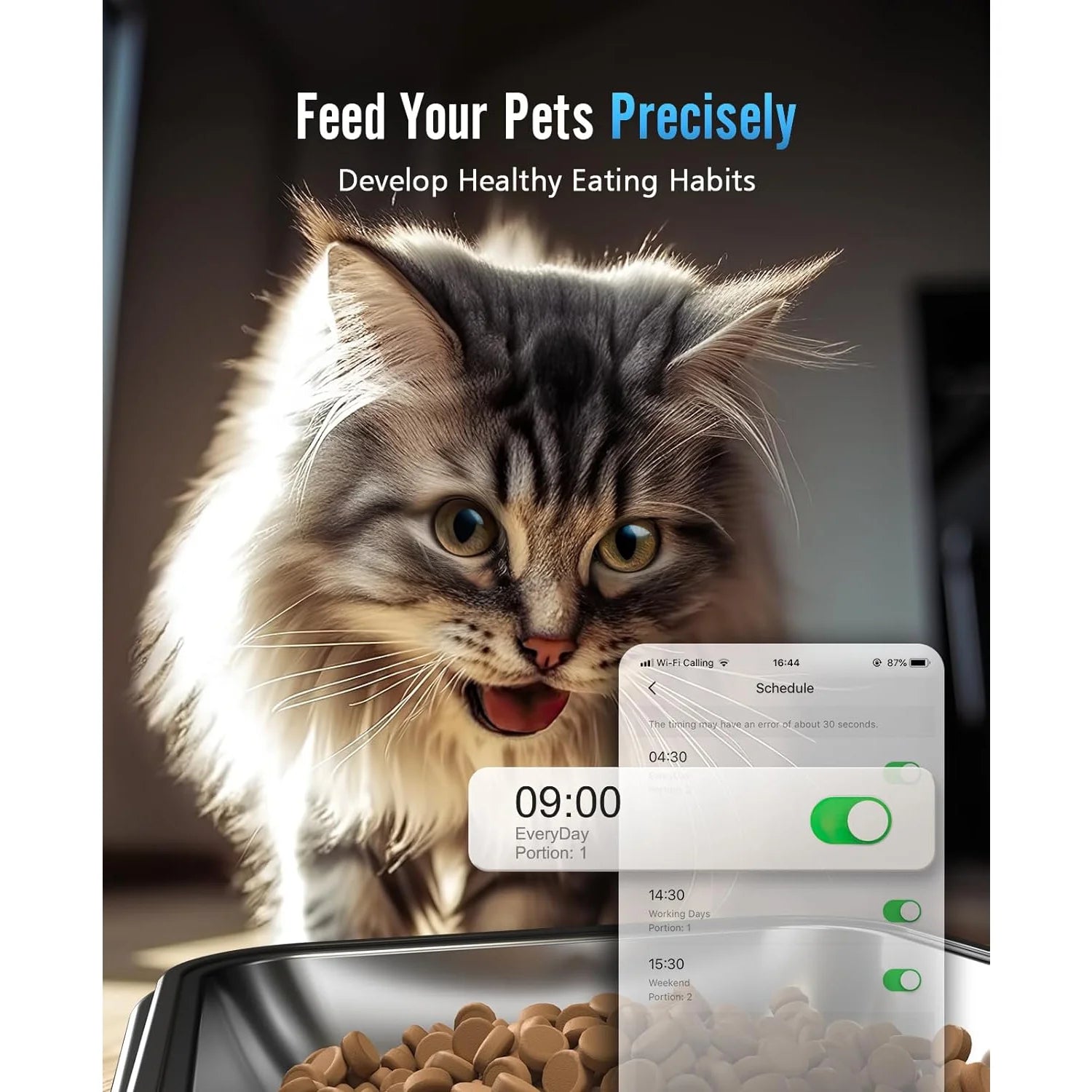 Automatic Cat Dog Feeder with 5G Wifi & APP Control - 5L/20 Cups - PFD - 002 PRO Double Bowl Cat Food Dispenser with 1 Desiccant Bag, Timed Automatic Pet Feeder for 2 Cats/2 Small Dogs - Black - I Love 💕