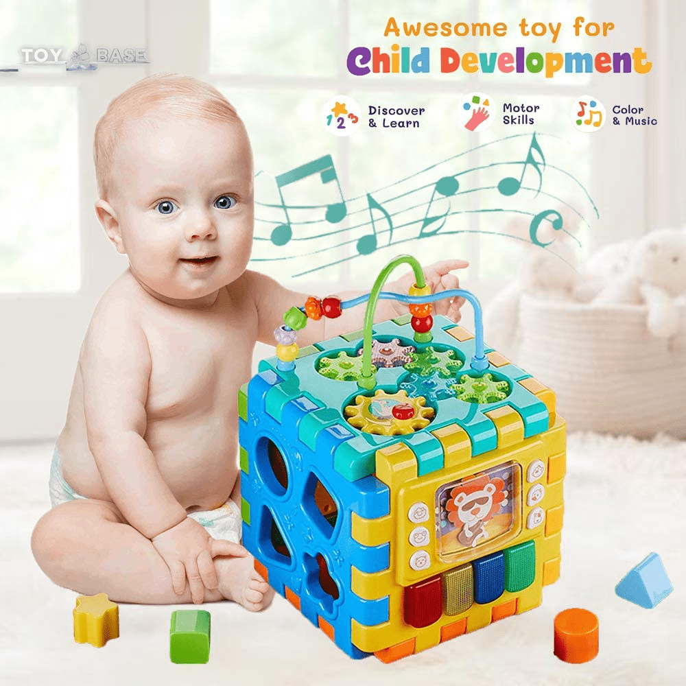 Baby Activity Cube Toddler Toys - 6 in 1 Shape Sorter Toys Baby Activity Play Centers for Kids Infants Educational Musci Play Cube Preschool Toys for 1 2 Years Old Boys & Girls(Battery Excluded) - The Toy Base