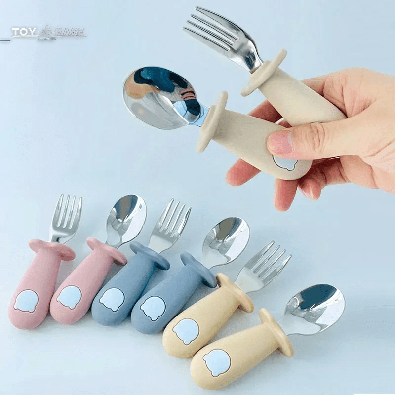 Baby Cartoon Tableware Set Children Utensil Stainless Steel Toddler Dinnerware Cutlery Cartoon Infant Food Feeding Spoon Fork - The Toy Base