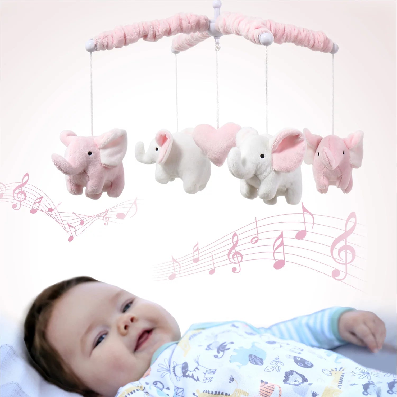 Baby Crib Mobile for Girls, Pink Elephant, Musical - I Love 💕