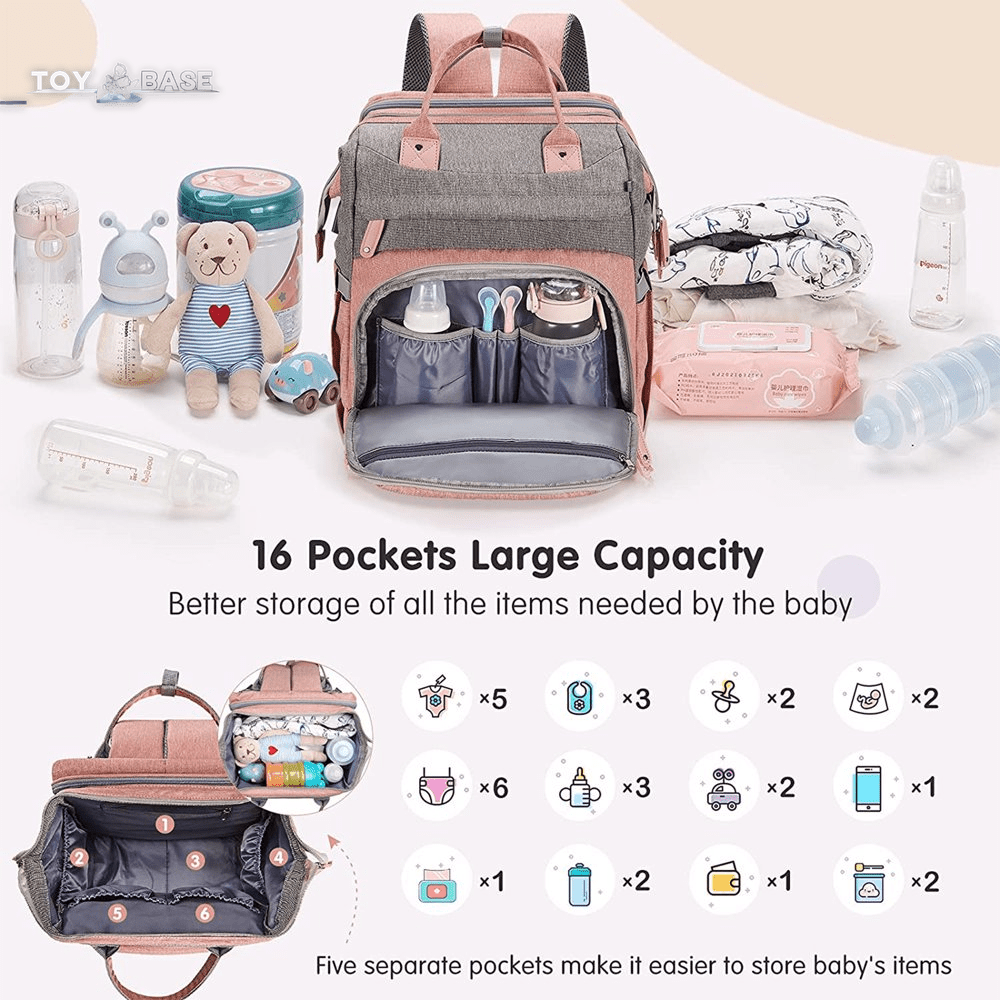 Baby Diaper Bag Backpack with Changing Station, Waterproof Changing Pad, USB Charging Port,Pacifier Case ,Pink Color - The Toy Base