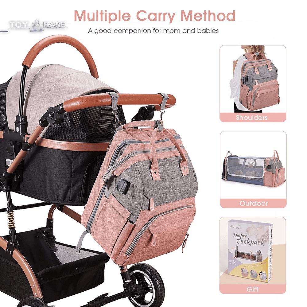 Baby Diaper Bag Backpack with Changing Station, Waterproof Changing Pad, USB Charging Port,Pacifier Case ,Pink Color - The Toy Base