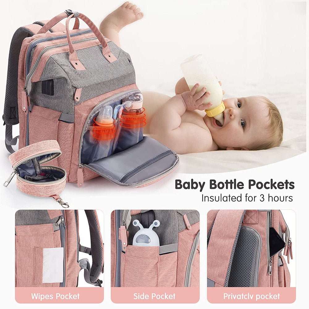 Baby Diaper Bag Backpack with Changing Station, Waterproof Changing Pad, USB Charging Port,Pacifier Case ,Pink Color - The Toy Base