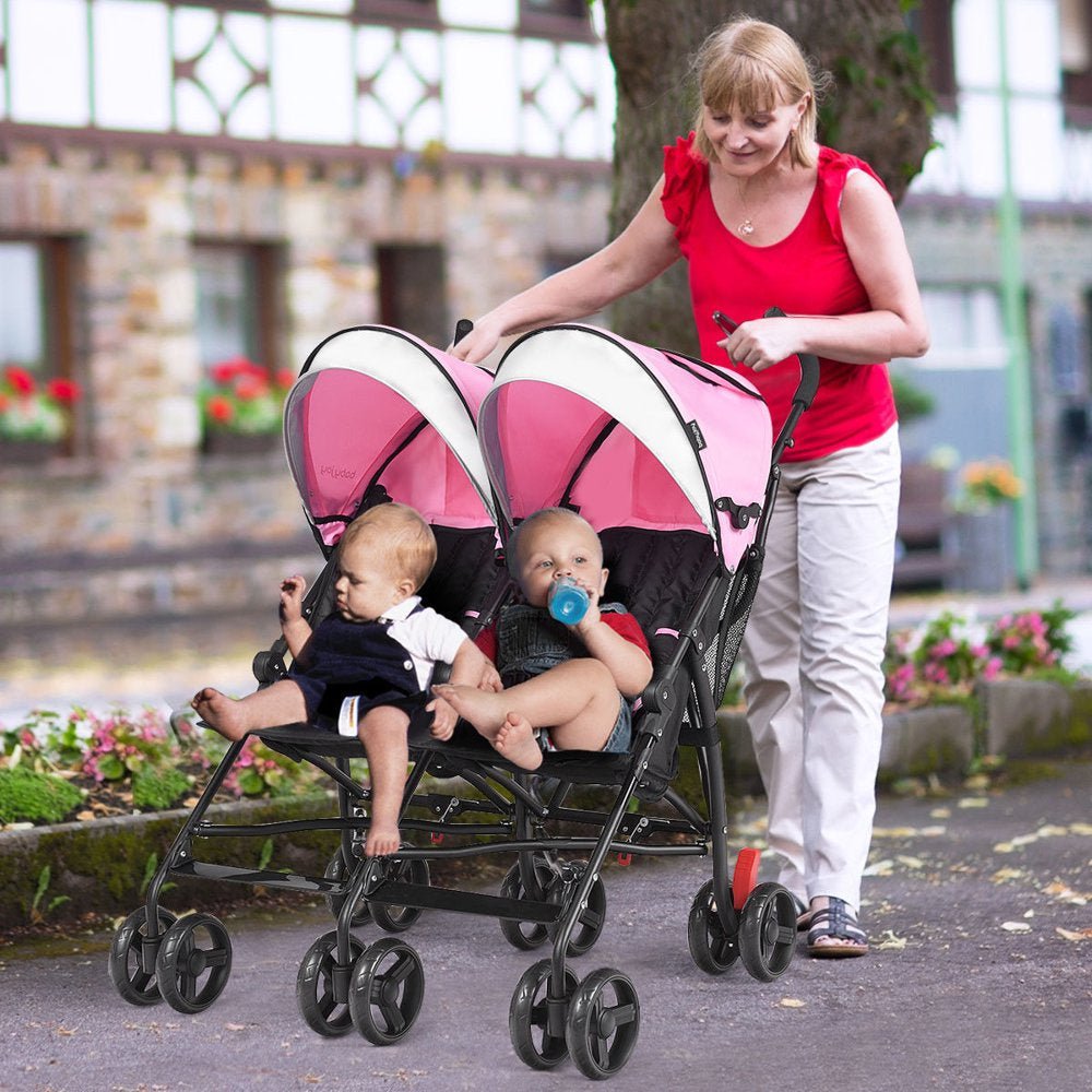 Baby-Joy Foldable Twin Baby Double Stroller Kids Ultralight Umbrella Stroller Pushchair Pink - The Toy Base