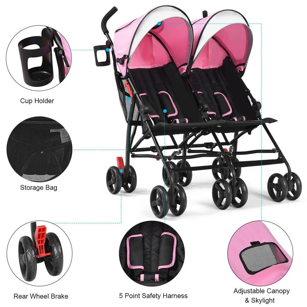 Baby-Joy Foldable Twin Baby Double Stroller Kids Ultralight Umbrella Stroller Pushchair Pink - The Toy Base