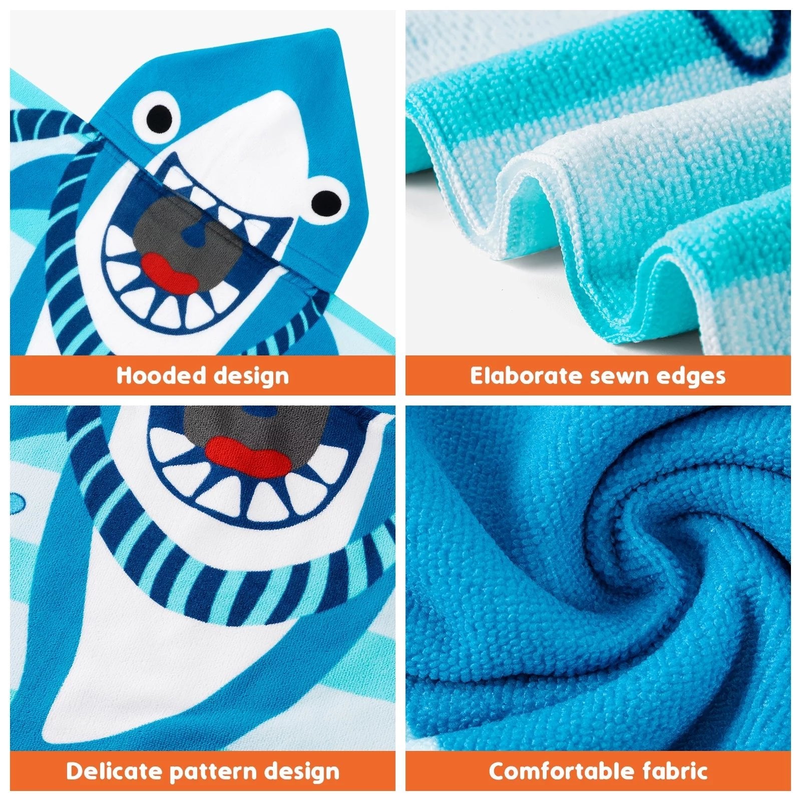 Baby Kids Bath and Beach Hooded Towel Wrap, 24" X 48", Light Blue Shark - I Love 💕