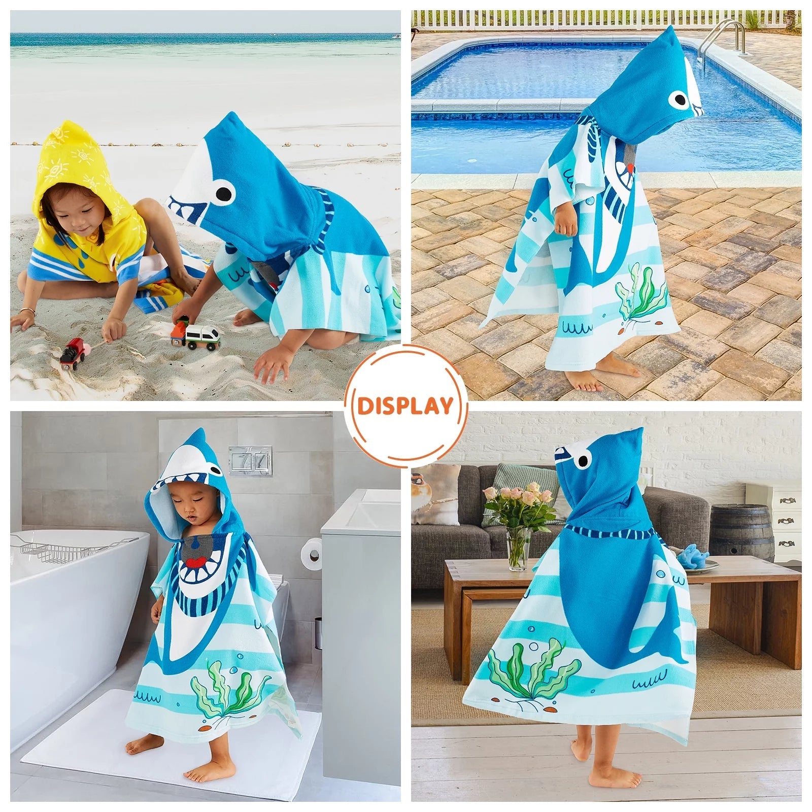 Baby Kids Bath and Beach Hooded Towel Wrap, 24" X 48", Light Blue Shark - I Love 💕