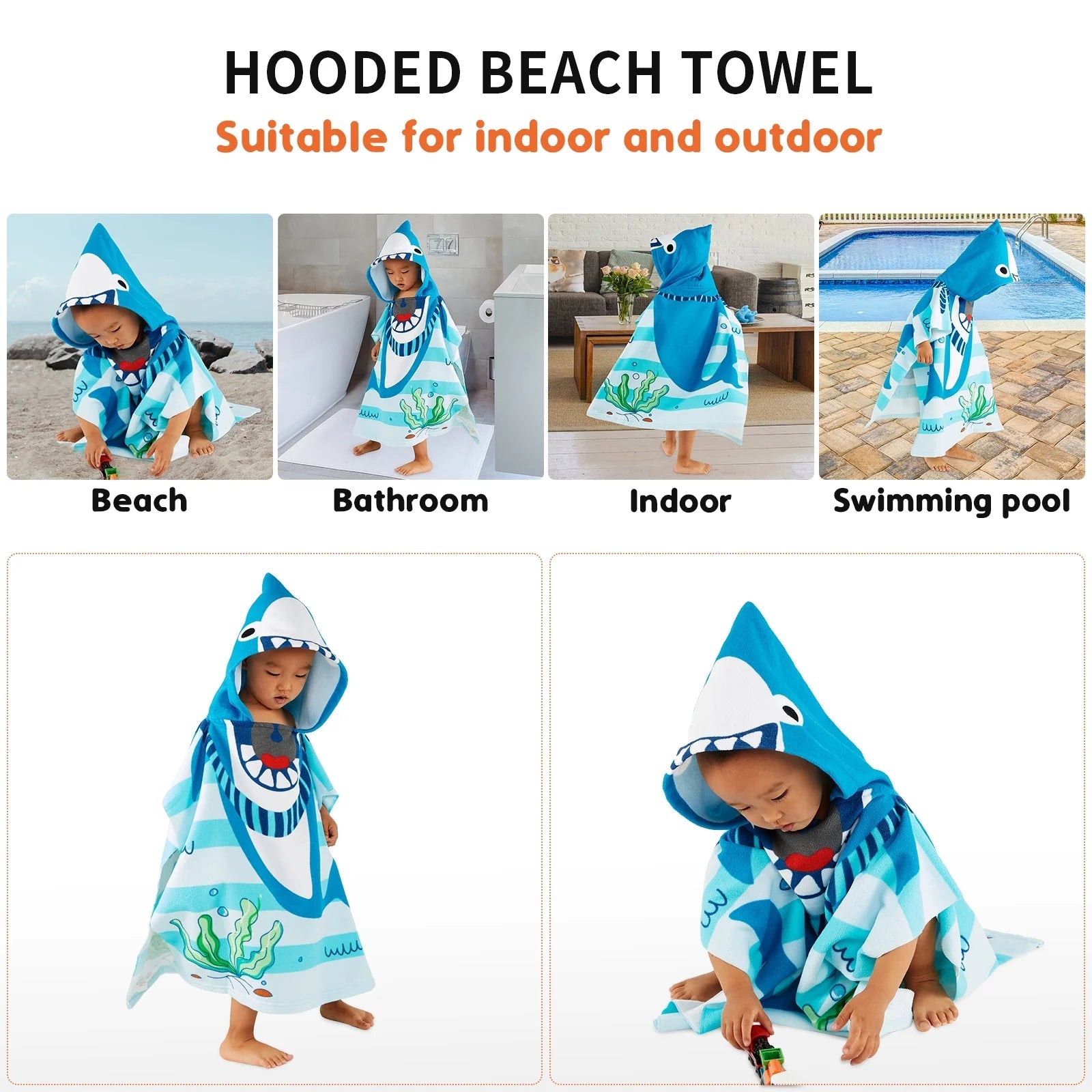 Baby Kids Bath and Beach Hooded Towel Wrap, 24" X 48", Light Blue Shark - I Love 💕