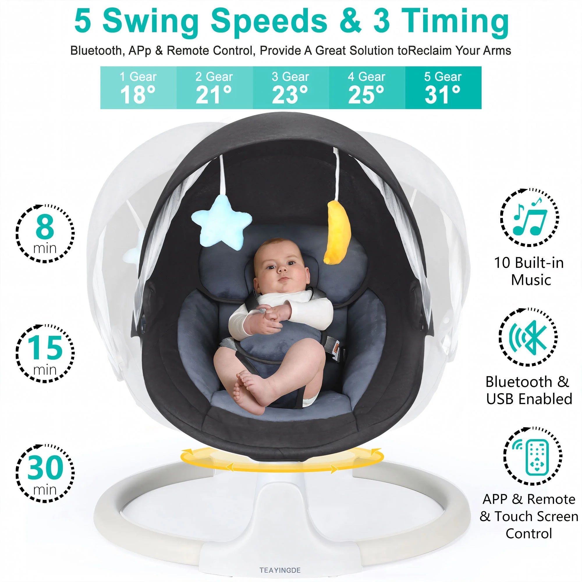 Baby Swing for Infants - Motorized Swing with Music Speaker and Remote Control - 12 Lullabies - Black - I Love 💕