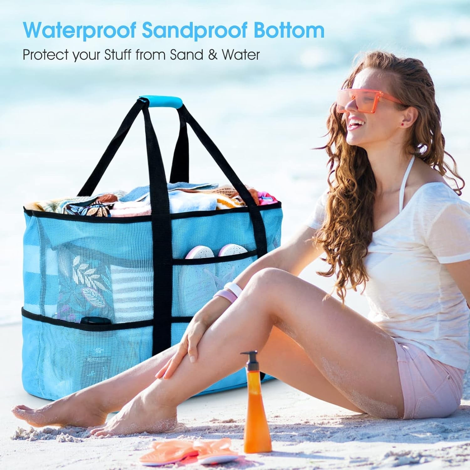 Beach Bag, Extra Large Beach Bags for Women Waterproof Sandproof, Mesh Beach Tote Bags Travel Pool Bag - I Love 💕