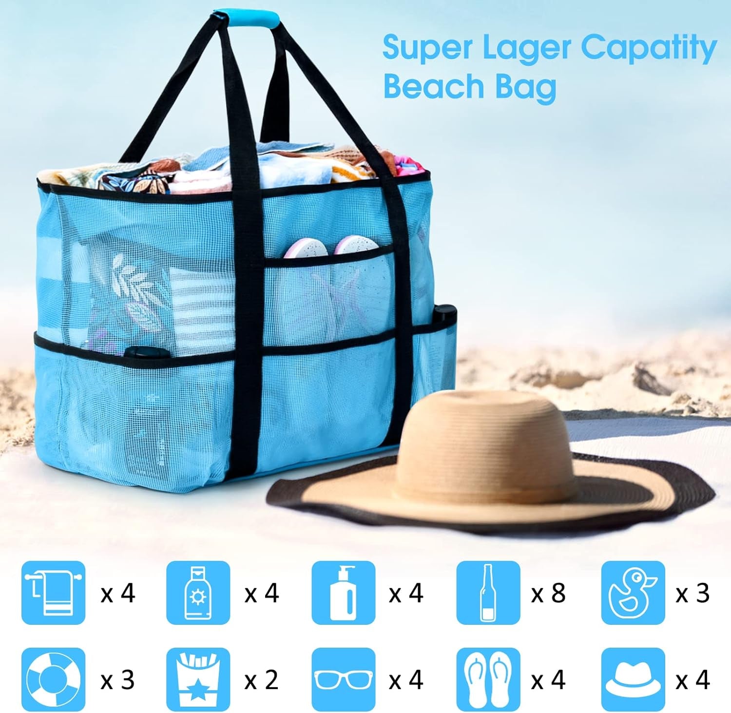 Beach Bag, Extra Large Beach Bags for Women Waterproof Sandproof, Mesh Beach Tote Bags Travel Pool Bag - I Love 💕