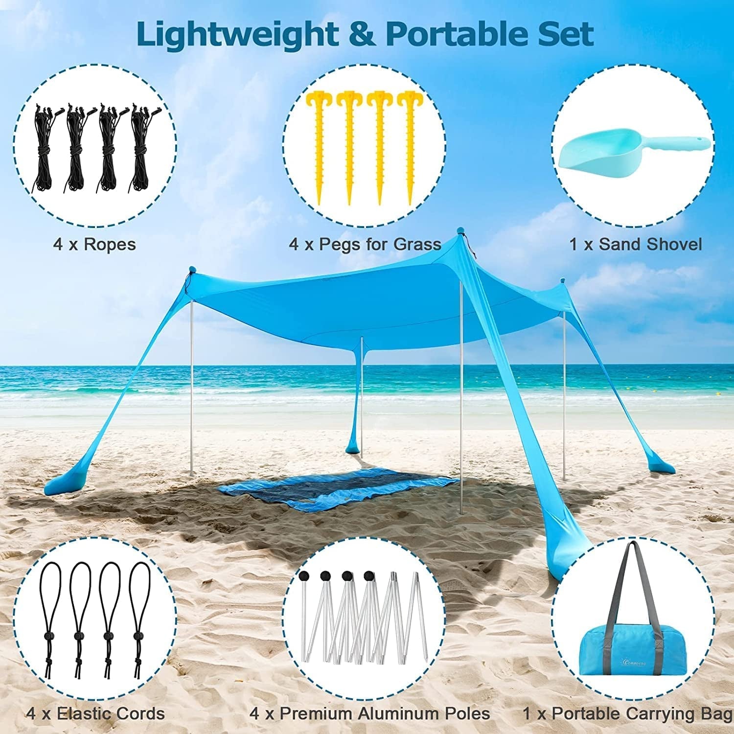 Beach Tent Canopy with 4 Aluminum Poles, UPF50+ Pop up Beach Sun Shade, Portable Beach Sun Shelter, Easy Set up for Beach, Camping, Fishing, Backyard and Outdoor - The Toy Base