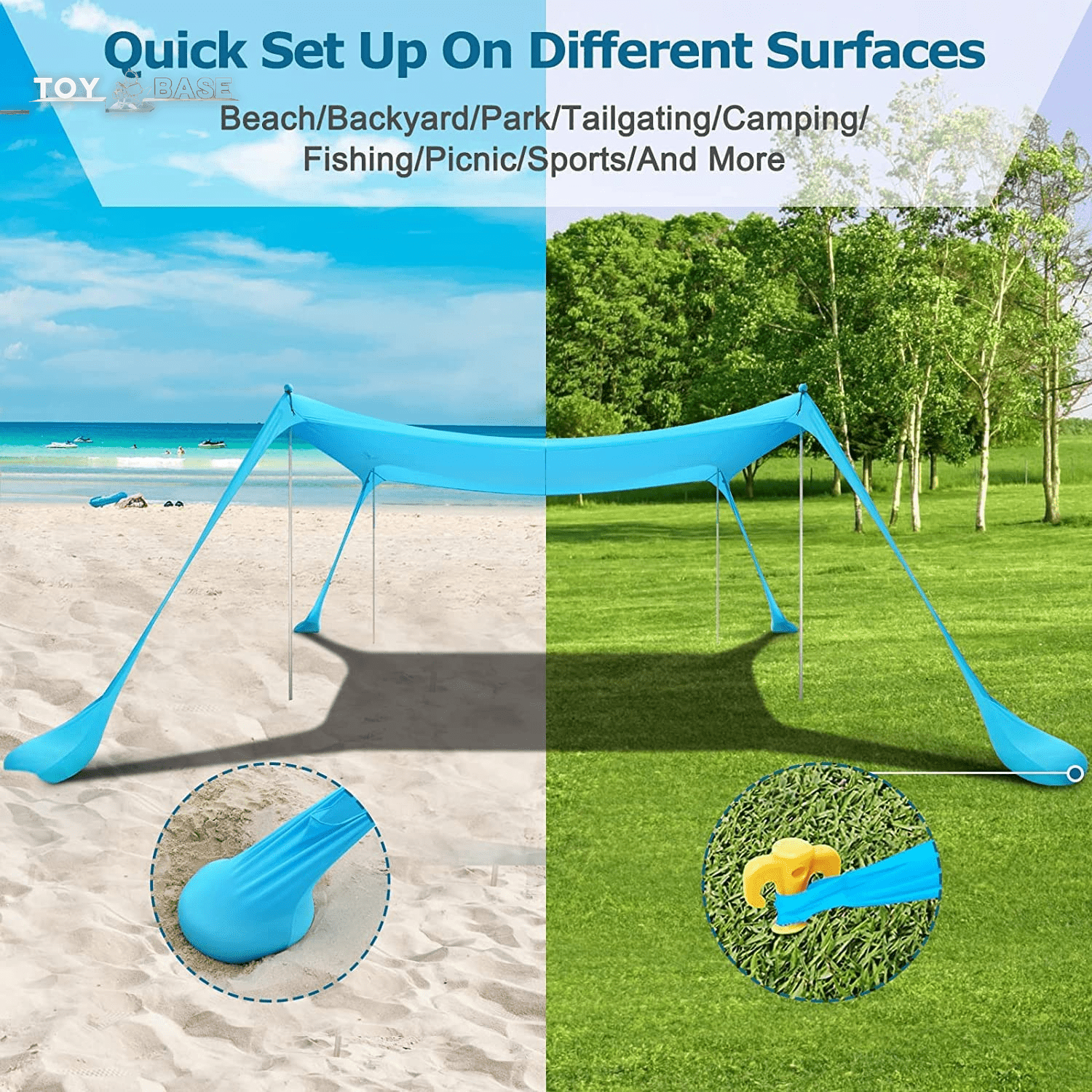 Beach Tent Canopy with 4 Aluminum Poles, UPF50+ Pop up Beach Sun Shade, Portable Beach Sun Shelter, Easy Set up for Beach, Camping, Fishing, Backyard and Outdoor - The Toy Base