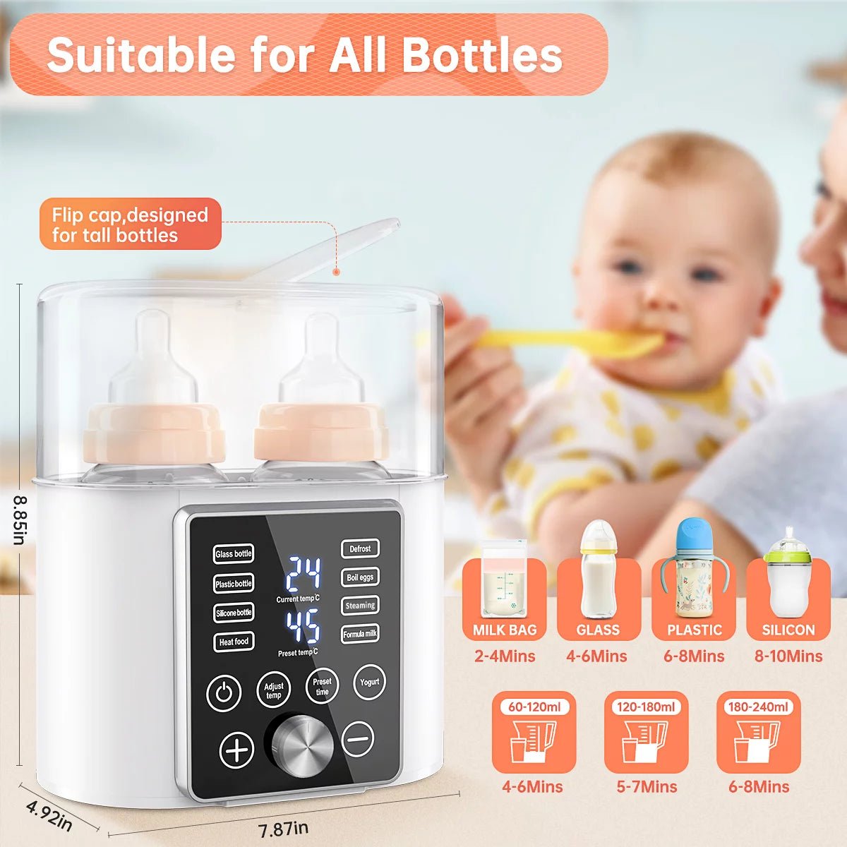 Bottle Warmer, 12 - In - 1 Baby Double Bottles Warmer Fast Baby Food Heater & Bpa - Free Milk Warmer with LCD Touch Display, Appointment & 24H Accurate Temperature Control for Breastmilk or Formula - I Love 💕