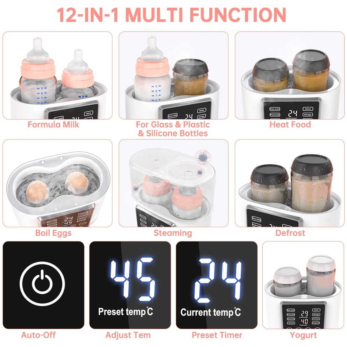 Bottle Warmer, 12 - In - 1 Baby Double Bottles Warmer Fast Baby Food Heater & Bpa - Free Milk Warmer with LCD Touch Display, Appointment & 24H Accurate Temperature Control for Breastmilk or Formula - I Love 💕