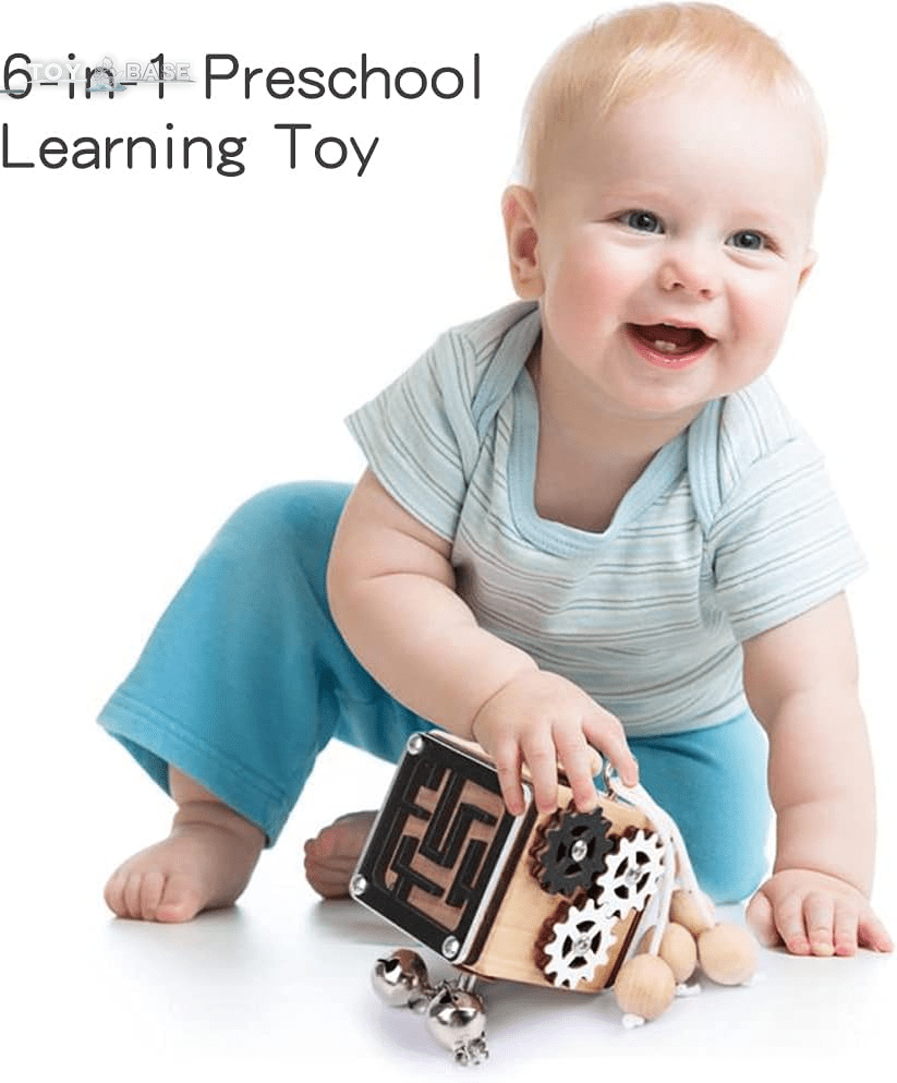 Busy Activity Cube for Toddlers - Wooden Travel Toys - Preschool Learning Toy - Lacing Beads Puzzles, 6In1 Learn to Tie Shoes - The Toy Base