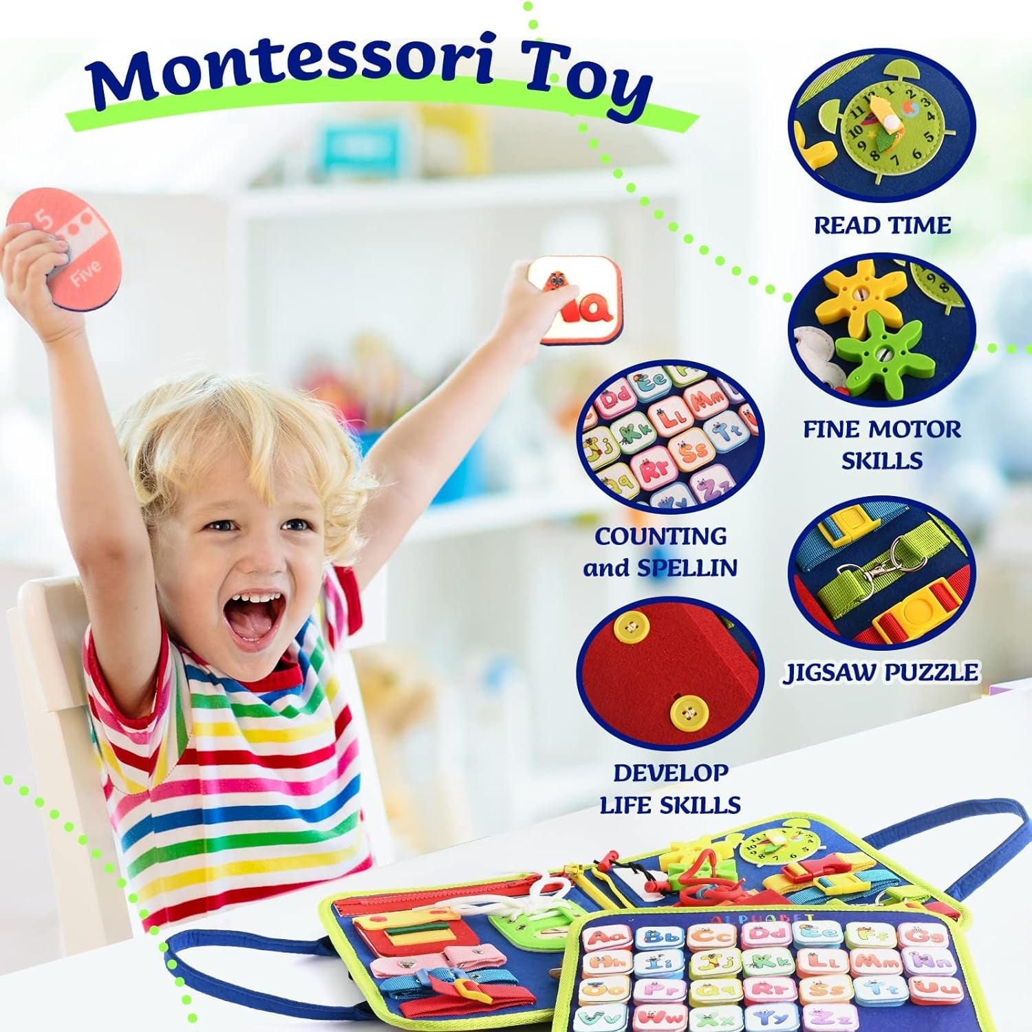 Busy Board Montessori Toys for 3 4 5 Year Old, Toddler Toys, Sensory Toys Preschool Learning Toys Gifts for Toddlers, Autism Toys, Educational Travel Toy for Fine Motor Skills - The Toy Base